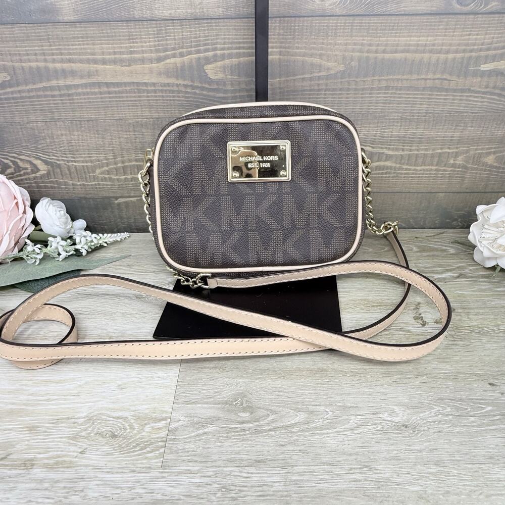 Michael Michael Kors Brown Logo Small Jet Set Crossbody Bag Purse Chain Strap